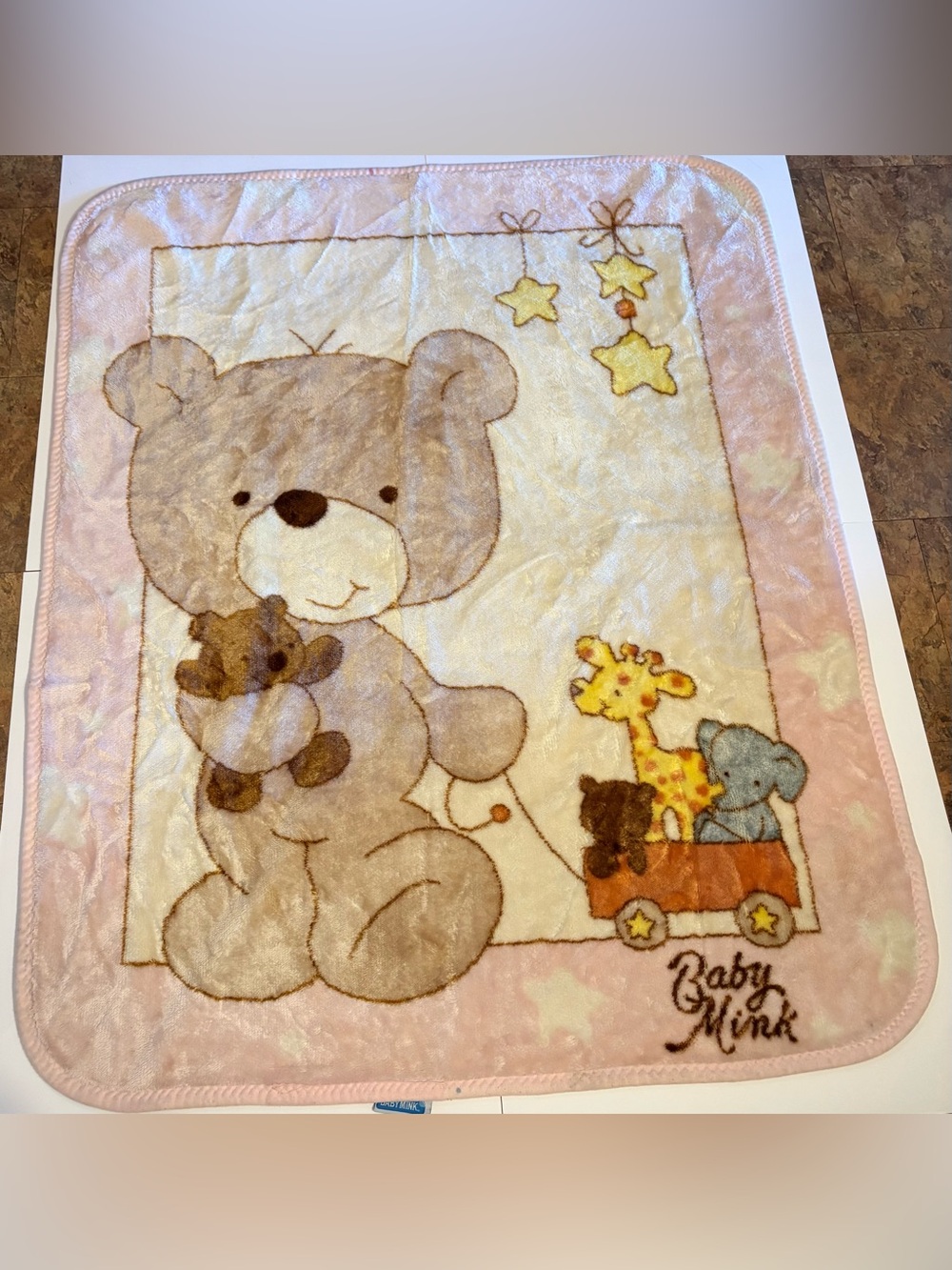 vintage super soft cozy pink Baby Mink brand blanket featuring a large bear